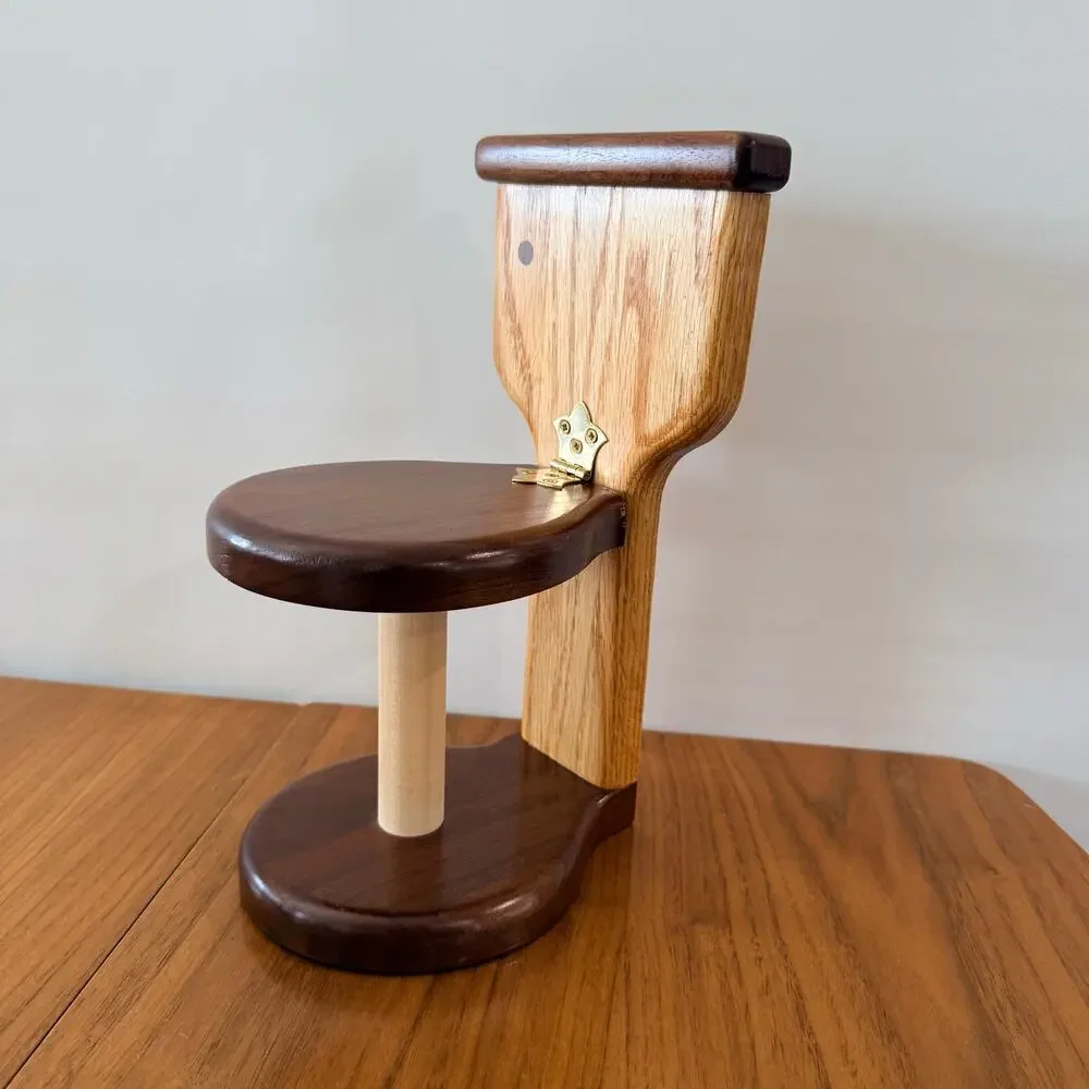 Wooden Toilet Shaped Paper Holder Hinged 2 Tone Freestanding 11 x 6